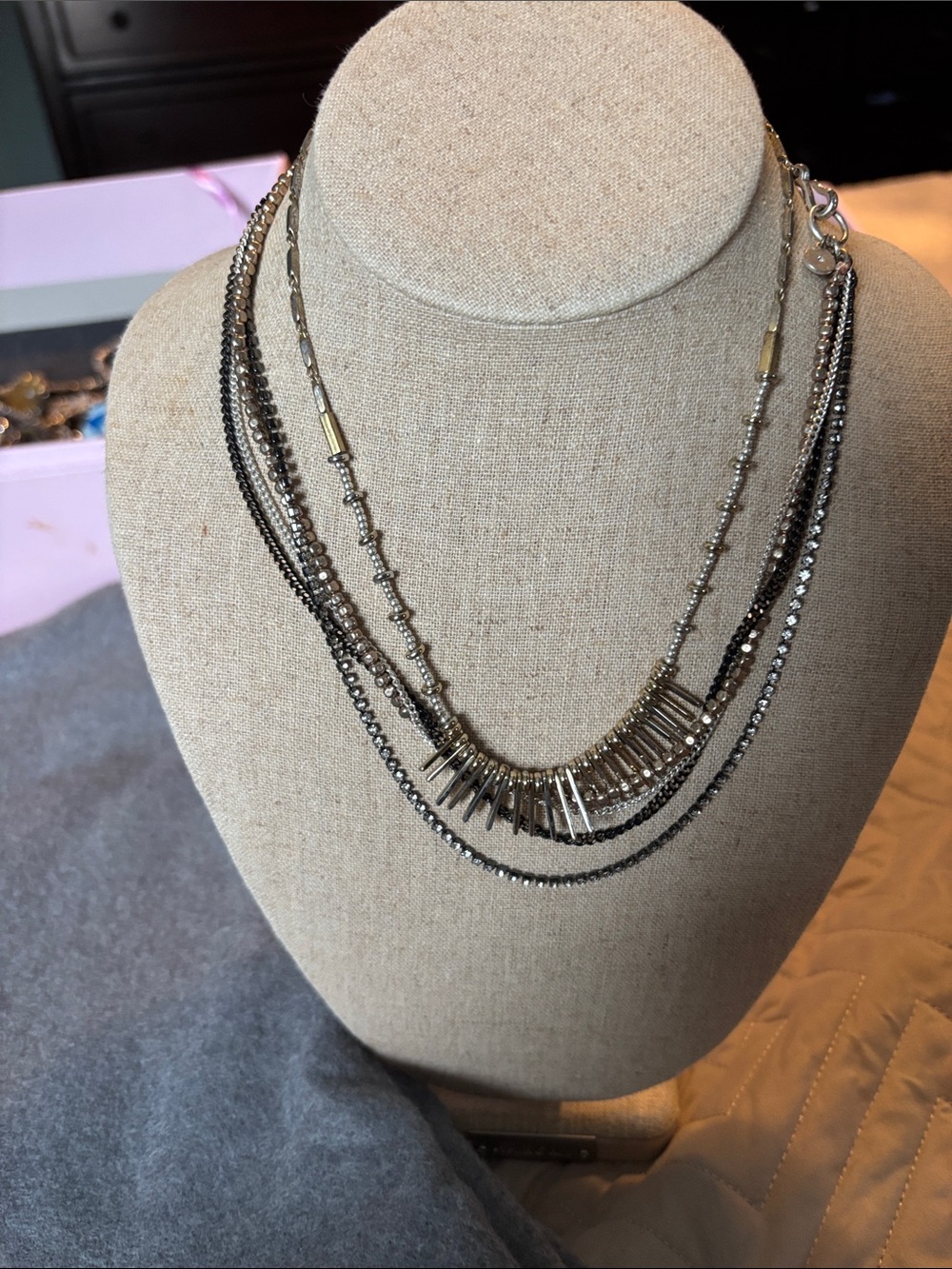 Stella & Dot Layered Mixed-Metal Necklace in Silver and Gunmetal